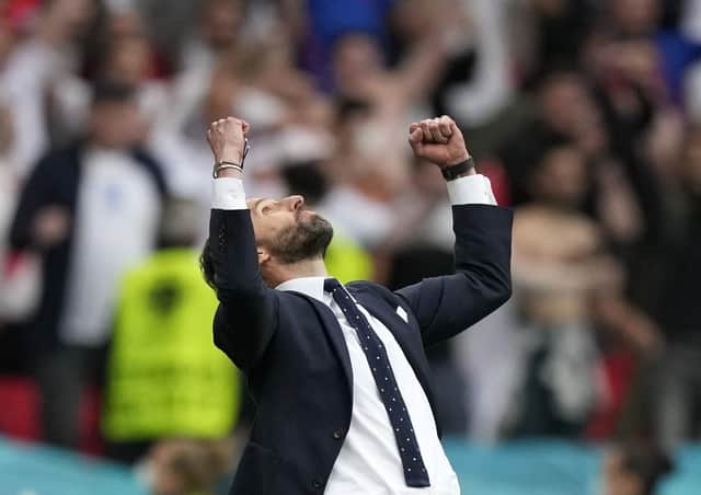 England manager Gareth Southgate reacts at the end of the Euro 2020 round of 16 match between England and Germany at Wembley. Picture: AP/Frank Augstein.