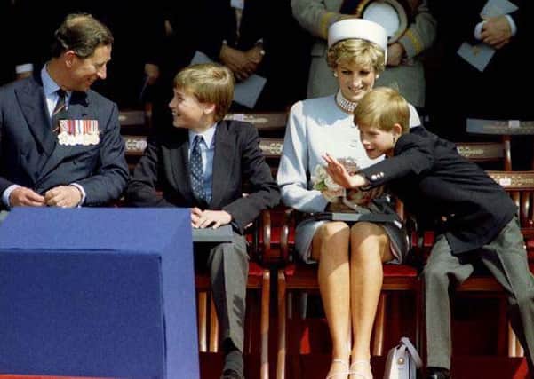 Charles, Prince of Wales (L) Prince William, Princess Diana and Prince Harry attend the Heads of State ceremony in Hyde Park to commemorate the 50th Anniversary of VE Day, May 7, 1995.