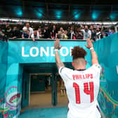Kalvin Phillips of England acknowledges the fans as he walks down the tunnel at Wembley. (Photo by Alex Morton - UEFA/UEFA via Getty Images)