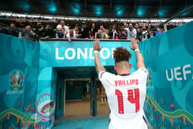 Kalvin Phillips of England acknowledges the fans as he walks down the tunnel at Wembley. (Photo by Alex Morton - UEFA/UEFA via Getty Images)