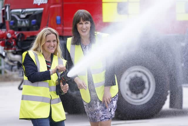 Shadow chancellor Rachel Reeves (right) with Labour's candidate in the Batley and Spen by-election, Kim Leadbeater, during a visit to Angloco, which makes fire engines and rescue vehicles that are used around the country and the world.