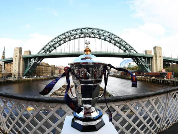 The Rugby League World Cup trophy in Newcastle where the tournament is due to kick-off in October. (Simon Wilkinson/SWpix.com)