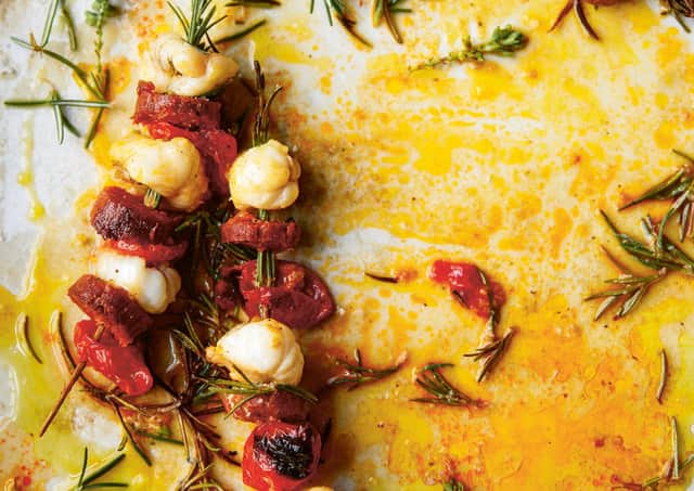 Monkfish, cornish chorizo and sun blush tomatoes on rosemary skewers from SEA & SHORE: Recipes and stories from a kitchen in Cornwall by Emily Scott  Picture: Kim Lightbody