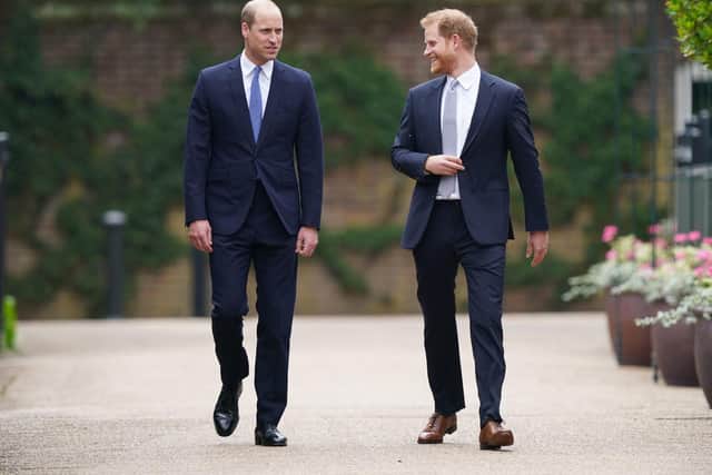 Prince William, Duke of Cambridge and Prince Harry, Duke of Sussex arrive for the unveiling of a statue they commissioned of their mother Diana, Princess of Wales, in the Sunken Garden at Kensington Palace. Picture: Yui Mok - WPA Pool/Getty Images