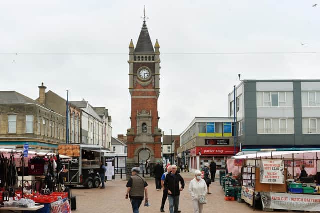 Redcar clocktower on market day. Picture: Jonathan Gawthorpe.