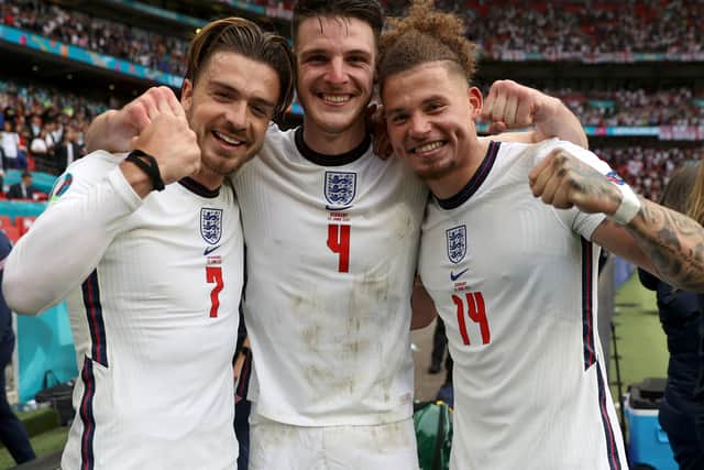 History boys - Jack Grealish, Declan Rice and Kalvin Phillips of England celebrate after victory in the UEFA Euro 2020 Championship Round of 16 match against Germany at Wembley Stadium (Picture: Eddie Keogh - The FA/The FA via Getty Images)