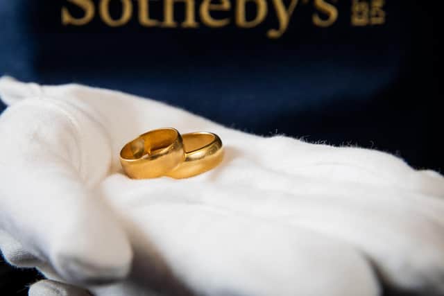 A pair of gold wedding rings which belonged to American poet Sylvia Plath and Ted Hughes, which are going under the hammer at Sotheby's on July 9, with an estimated value of £6,000 - £8,000.
