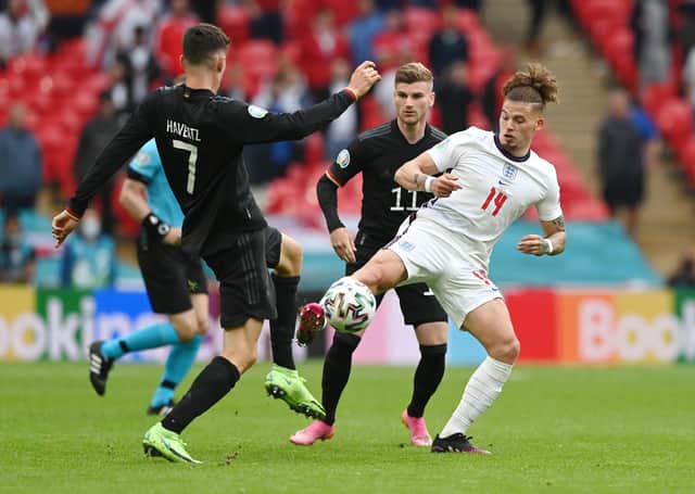 EVERY SECOND COUNTS: England midfielder Kalvin Phillips battles for possession with Kai Havertz. Picture: Shaun Botterill/Getty Images