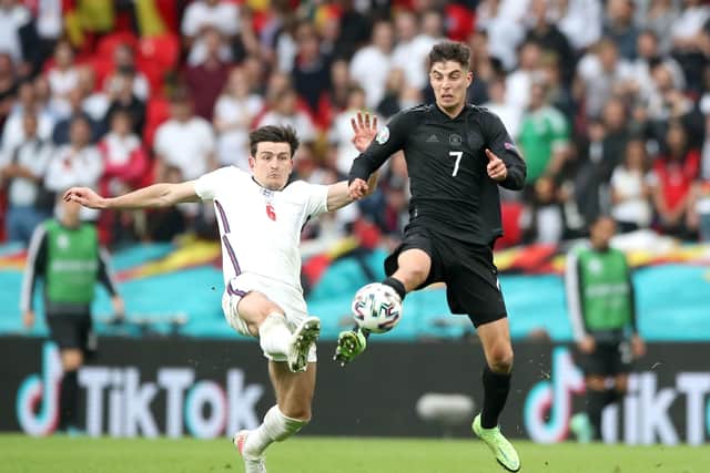 England's Harry Maguire (left) and Germany's Kai Havertz battle for the ball during the UEFA Euro 2020 round of 16 match at Wembley on Tuesday night. Picture: Nick Potts/PA
