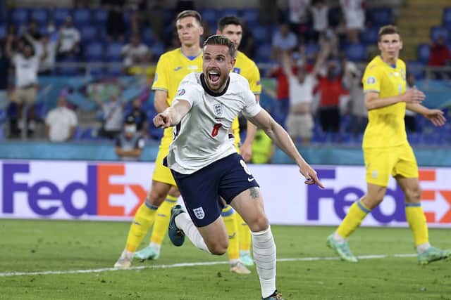 England remembered how to score from set-pieces again in their thrashing of Ukraine in the quarter-finals of the European Championships. There was even a goal for Jordan Henderson, top; one for Harry Maguire, left, and two for Harry Kane who manager Gareth Southgate will be relieved to see has rediscovered his scoring touch. (AP Photo/Ettore Ferrari, Pool)
