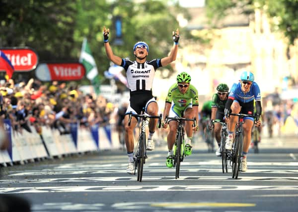 Marcel Kittell wins the first stage of the 2014 Tour de France in Harrogate from Peter Sagan after Mark Cavendish crashed at the bottom of Parliament Street. (Picture: Bruce Rollinson)