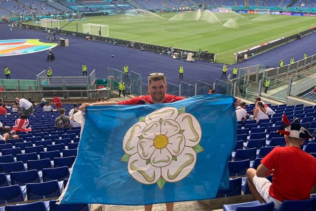 Yorkshireman on tour: Former Yorkshire Post sports writer  Ed White proudly displays his colours in the Stadio Olimpico.