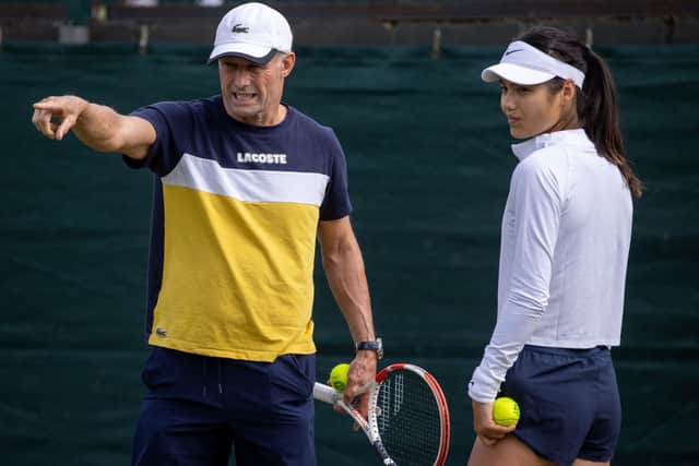 Nigel Sears and Emma Raducanu at a practice session at Wimbledon on Sunday.