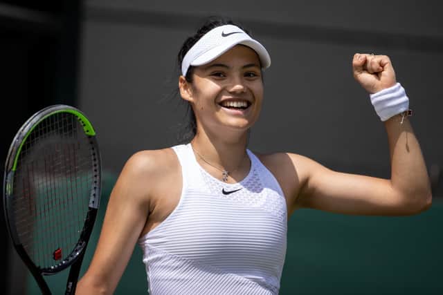 Emma Raducanu celebrates a point whilst playing against Sorana Cirstea in the third round.