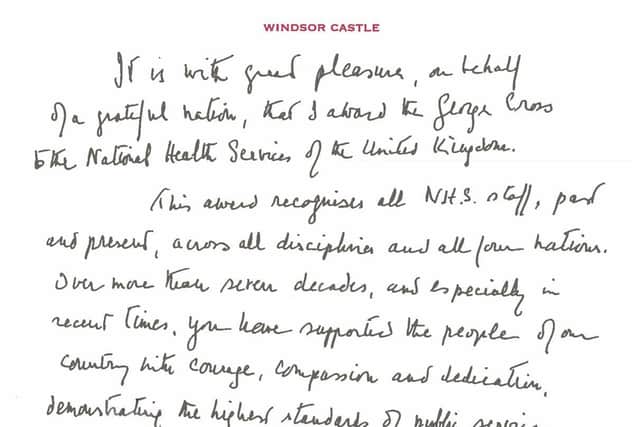 The handwritten message from Queen Elizabeth II in support of the award of the George Cross to the UK's National Health Services (NHS)