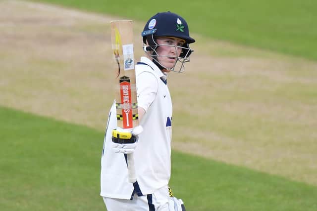 LEADING THE CHARGE: Yorkshire's Harry Brook of Yorkshire celebrates reaching his 50 against Northamptonshire at The County Ground. Picture: Tony Marshall/Getty Images)