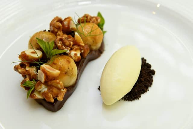 Dark Chocolate Delice, Hazelnut & Popcorn, Banana and Clotted Cream Ice Cream  from the Tasting Menu at The General Tarleton. Picture: Gary Longbottom.