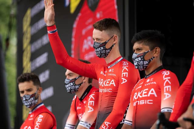 Team player: Connor Swift, centre, is introduced with his Arkea-Samsic team at the 2021 Tour de France. (Picture: Alex Broadway/SWPix.com)