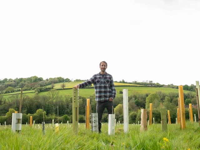 Joe Middleton from The Woodland Trust, with the plastic-free alternatives to tree shelters