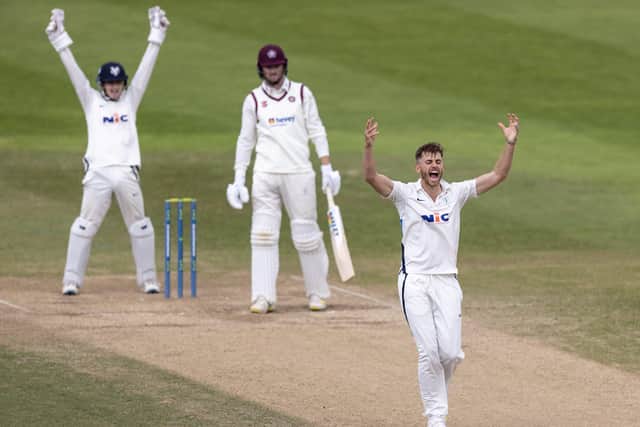 Yorkshire duo Ben Coad and Harry Duke successfully appeal to the umpire for the wicket of Tom Taylor of Northamptonshire. Picture: Andy Kearns/Getty Images)