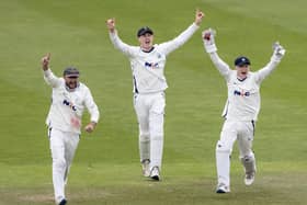 Yorkshire’s Harry Duke, right, leads the celebrations after taking a catch to dismiss Simon Kerrigan.  Picture: Andy Kearns/Getty Images