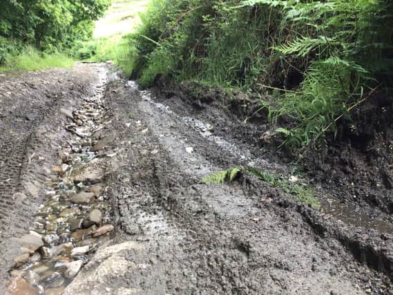 A rural track showing an old drainage channel on the right. Vehicles are now “eating into” the side of the banking. (Credit: LDRS)