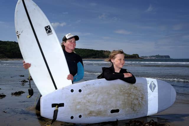 Jensen and Tori Gower, head coach and manager at Scarborough Surf School and hire centre
