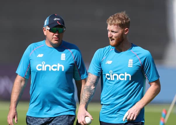 LEADING MEN: England's Ben Stokes, right, and head coach Chris Silverwood during a nets session at Sophia Gardens. Picture: David Davies/PA