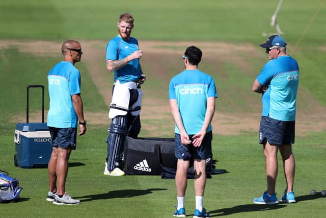 England's players and coaching staff chat during Wednesday's net session at Sophia Gardens. Picture: David Davies/PA