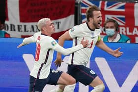 England's Harry Kane celebrates scoring their side's second goal of the game with Phil Foden (Picture:L PA)