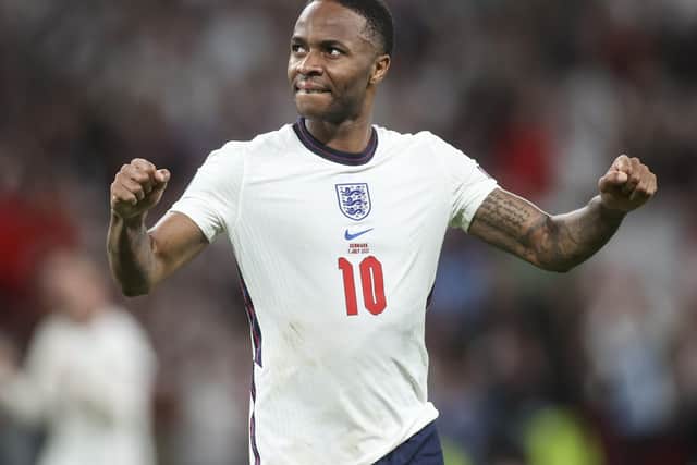 England's Raheem Sterling celebrates his side's 2-1 win at the end of the Euro 2020 semi-final with Denmark. (AP Photo/Carl Recine, Pool)
