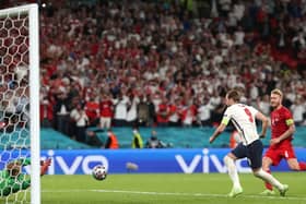 PENALTY: Kasper Schmeichel saves from Harry Kane in England's 2-1 win