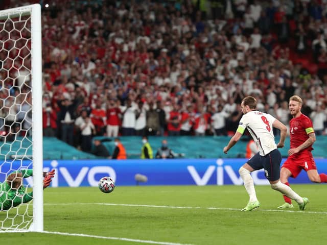 PENALTY: Kasper Schmeichel saves from Harry Kane in England's 2-1 win
