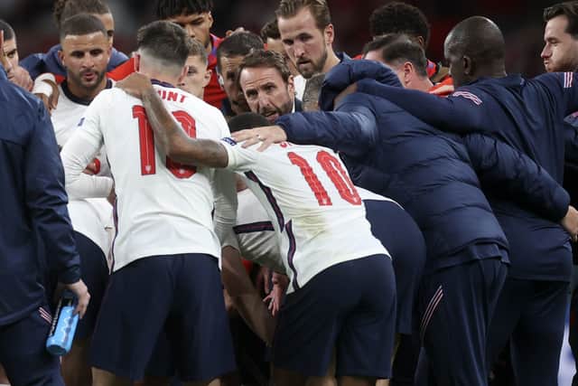 England's manager Gareth Southgate talks to his players on Wednesday night at Wembley. Picture: AP/Carl Recine