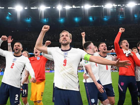 Harry Kane lead's the players' celebrations after England's semi-final victory over Denmark on Wednesday night. (Getty images).