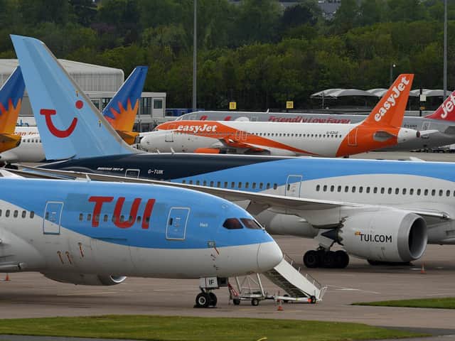 Aircraft on the apron at Manchester Airport in Manchester. Picture: Oli Scarff/AFP