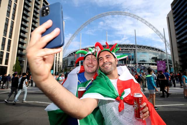 Italy fans take a selfie outside of the stadium ahead of the UEFA Euro 2020 round of 16 match held at Wembley Stadium, London. (Picture: PA)