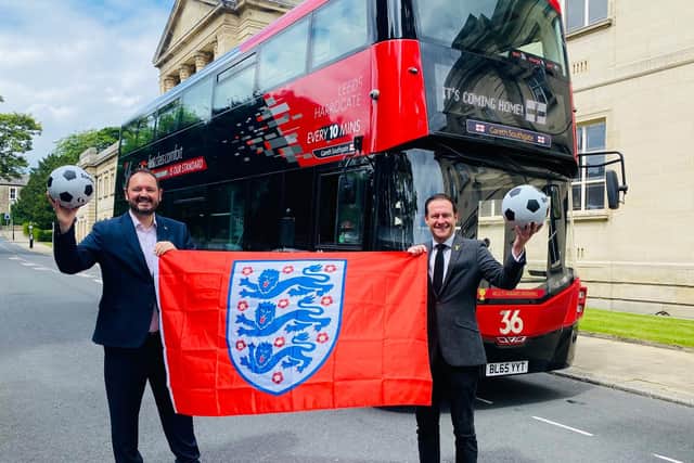 The Harrogate Bus Company’s CEO Alex Hornby (left) with Welcome to Yorkshire’s CEO James Mason and the 36 bus freshly named in honour of local resident and England manager Gareth Southgate.