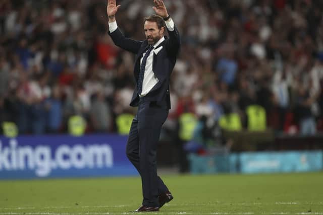 England's manager Gareth Southgate celebrates his side's 2-1 win over Denmark. (AP Photo/Carl Recine, Pool)