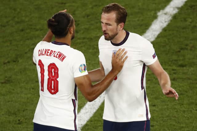 England's Harry Kane, right, is replaced by England's Sheffield-born striker Dominic Calvert-Lewin during the Euro 2020 soccer championship quarter-final match between Ukraine and England. (Alessandro Garofalo/Pool Via AP)