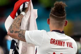 England's Kalvin Phillips pays tribute to his 'Granny Val' at Wembley. (Photo by Carl Recine - Pool/Getty Images)
