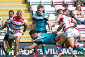Andre Savelio scores for Hull in their win at Leigh last month. Sunday's rematch has been postponed. Picture by Bruce Rollinson.