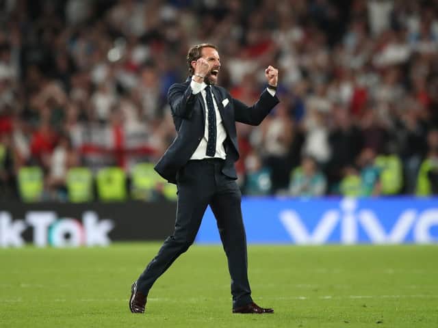 England manager Gareth Southgate celebrates reaching the final after the UEFA Euro 2020 semi final match at Wembley Stadium, London. Picture: Nick Potts/PA.