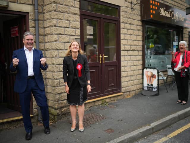 Kim Leadbeater celebrates her victory in the Batley And Spen by-election with Labour leader Sir Keir Starmer, on July 2, 2021 in Cleckheaton. Photo by Christopher Furlong/Getty Images.