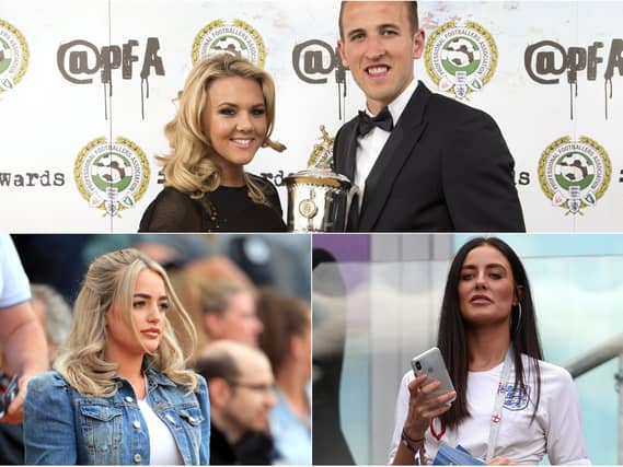 From top, Harry Kane and girlfriend Katie Goodland; Fern Hawkins, girlfriend of England's Harry Maguire and Megan Davison, girlfriend of England goalkeeper Jordan Pickford. PICS: PA