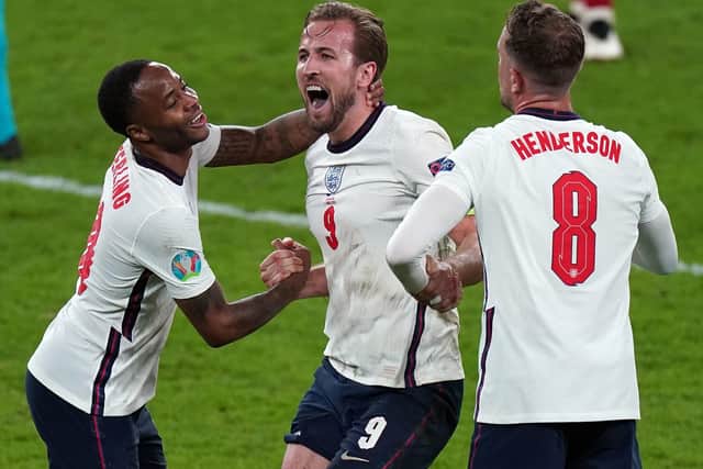 England's Raheem Sterling, Harry Kane and Jordan Henderson celebrate winning the UEFA Euro 2020 semi final match at Wembley. Picture: PA