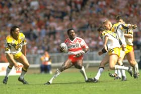 Martin Offiah of Wigan is surrounded by Castleford players during the Challenge Cup final at Wembley Stadium in London. Wigan won the match 28-12. (Picturet: Bob Martin/Allsport)