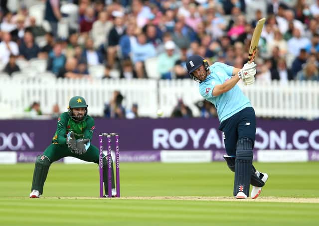 England's Phil Salt drives through the off side on his way to 60 against Pakistan at Lord's on Saturday. Picture: Nigel French/PA