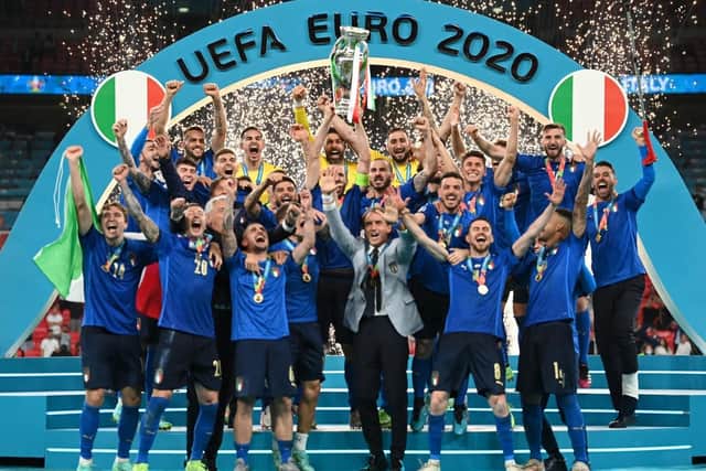 Giorgio Chiellini, Captain of Italy lifts The Henri Delaunay Trophy following his team's victory in the UEFA Euro 2020 Championship Final between Italy and England at Wembley Stadium.(Picture: PA)