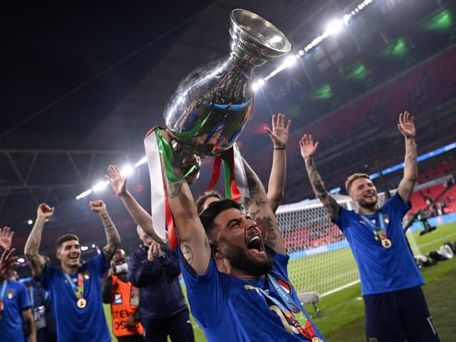 Italy's Lorenzo Insigne celebrates with the trophy after winning the UEFA Euro 2020 Final at Wembley Stadium (Picture: PA)